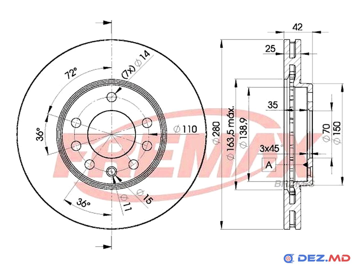 Тормозной диск передний Opel Astra G, H 1.8-2.2 00- ABS 280x24.9 | FREMAX, новый