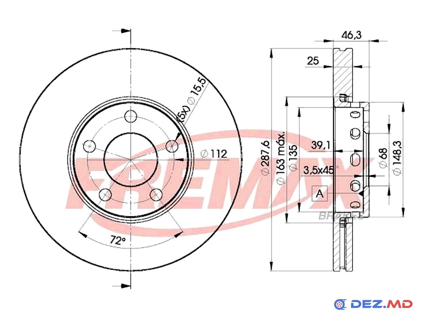 Тормозной диск передний Audi A4 94-09 A6 94-06 VW Passat 96-05 Ventil. 288x25 | FREMAX, новый