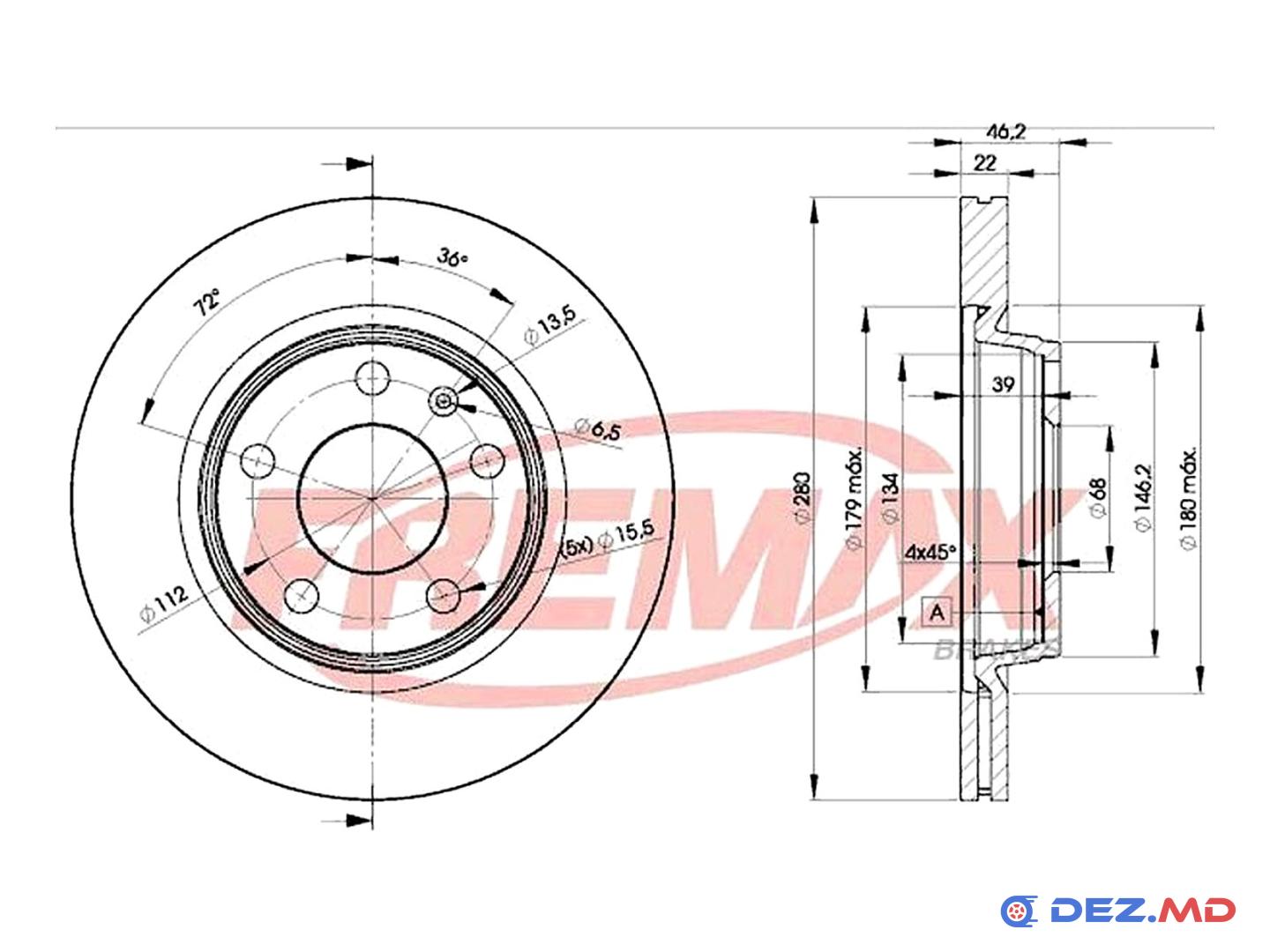 Тормозной диск передний VW Passat 96-05 Audi A4 94-08 Ventil. 280x22 | FREMAX, новый