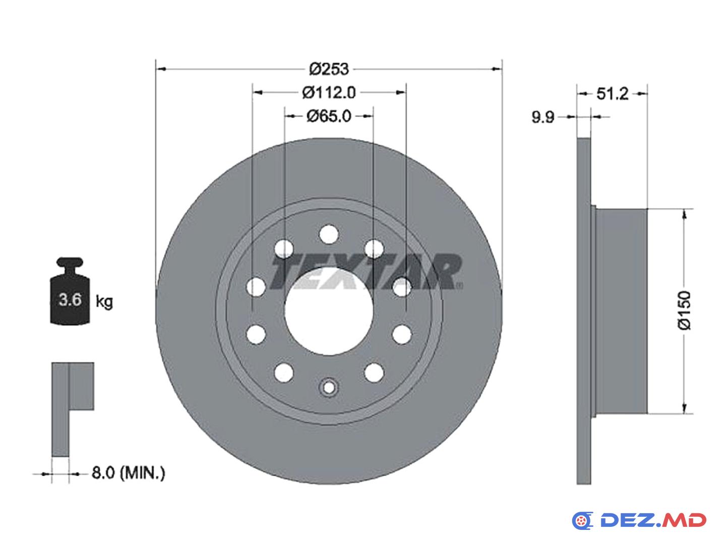 Тормозной диск задний VW Golf 05- 253x9.9 | TEXTAR, новый