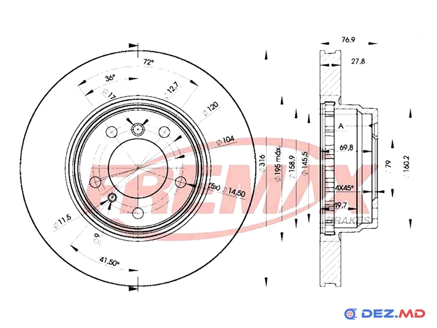 Тормозной диск передний BMW E38 728i-730i 94-01 Ventil. 316x28 | FREMAX, новый