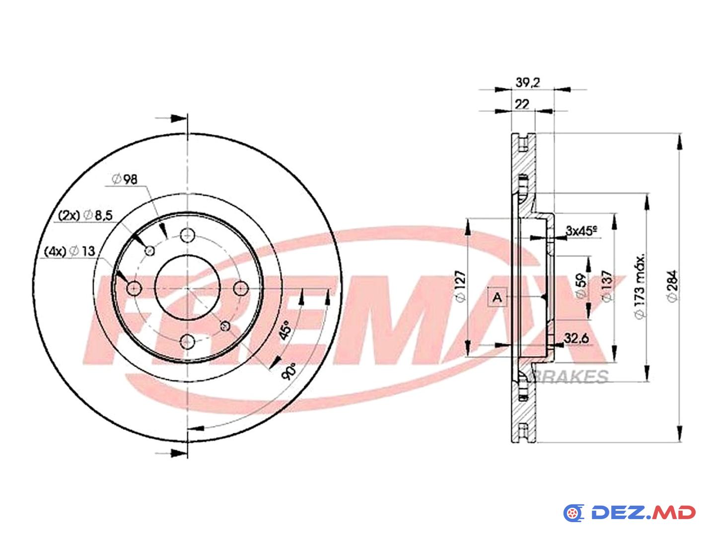 Тормозной диск передний Fiat Punto 99- 284x22 | FREMAX, новый