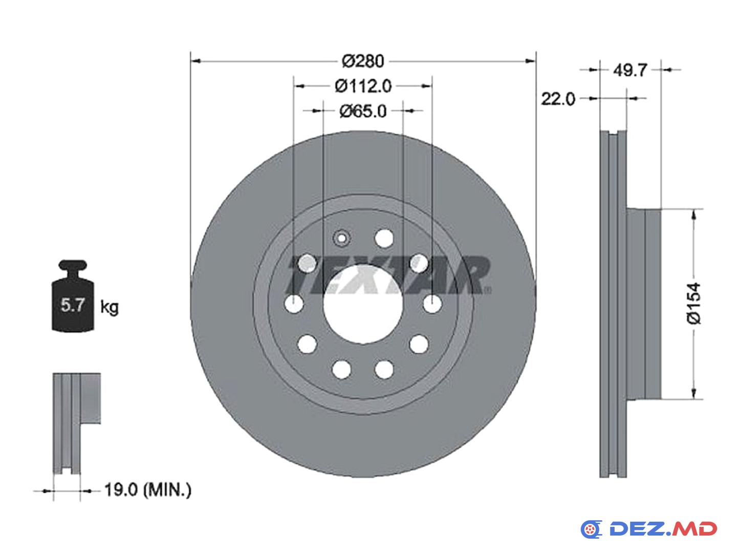 Тормозной диск передний VW Golf 03- 280x22 | TEXTAR, новый