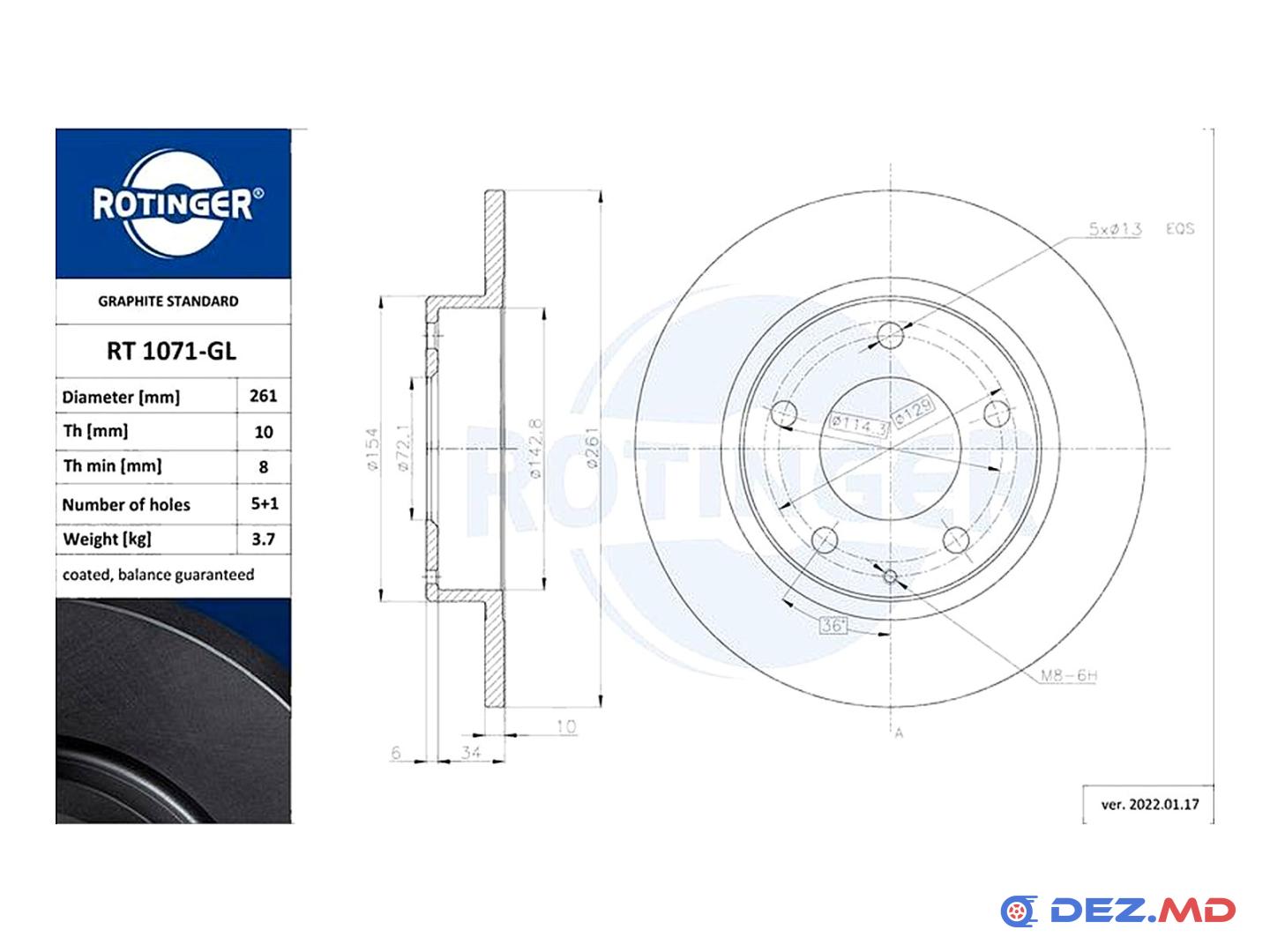 Тормозной диск задний Mazda 626 2.0 92-02 261x10 GRAPHITE LINE TUNING | ROTINGER, новый