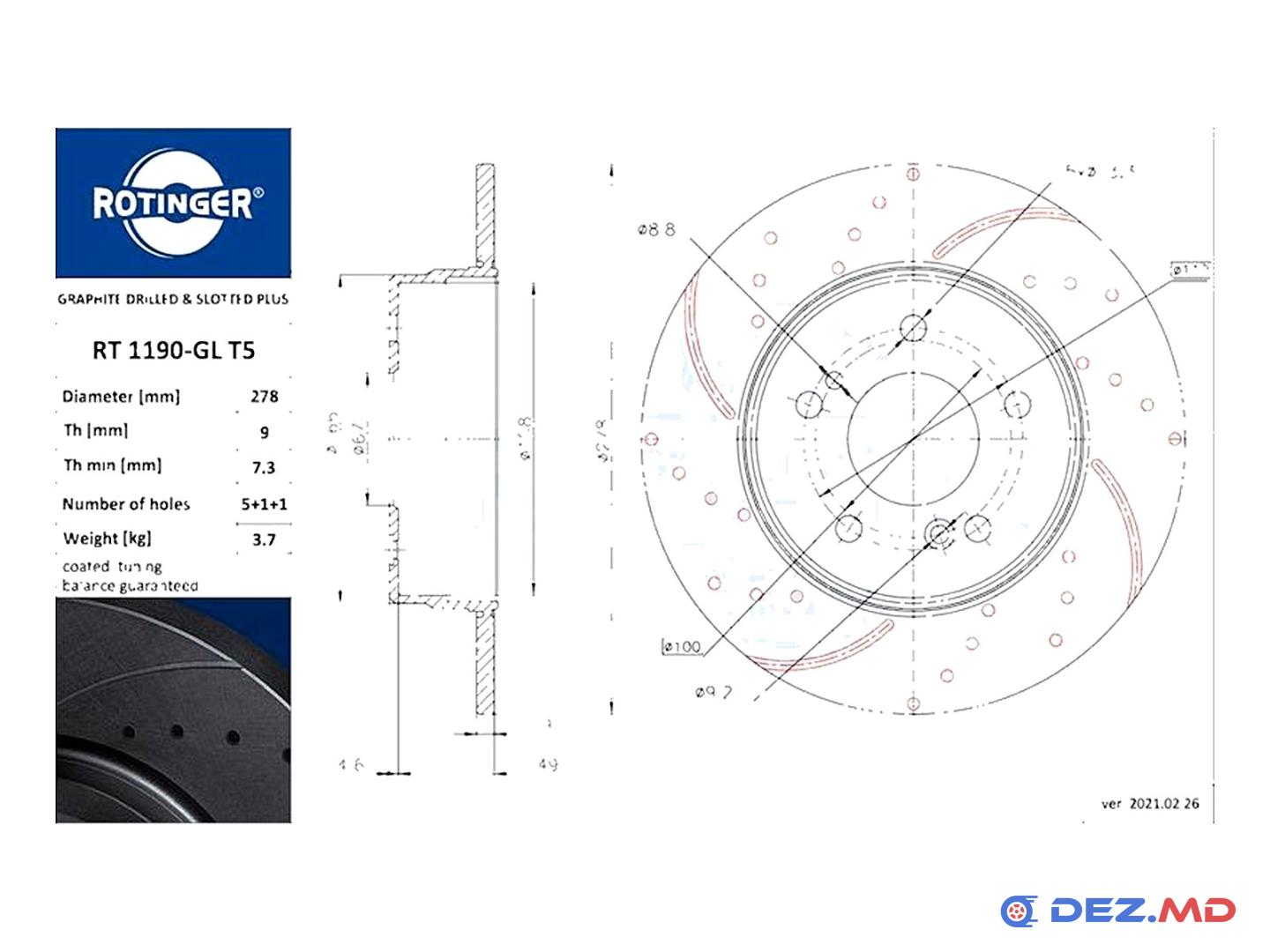 Тормозной диск задний Mercedes W124T;202;210; 278x9 GRAPHITE LINE TUNING | ROTINGER, новый