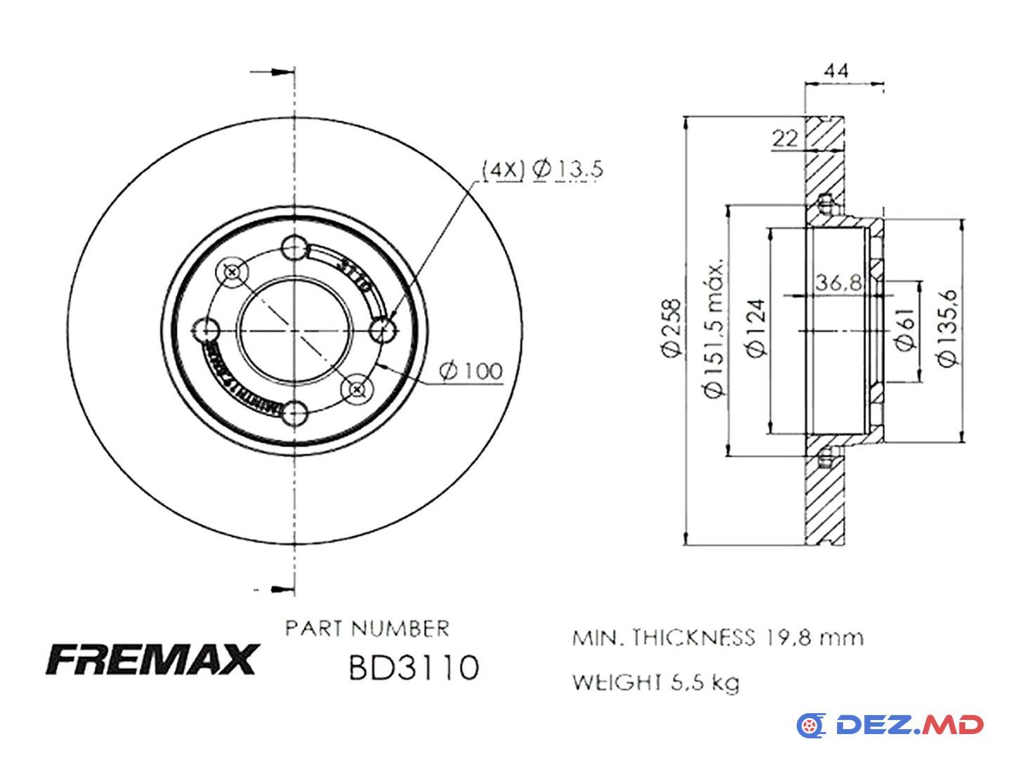 Тормозной диск передний Renault Kangoo 08- 258x22 | FREMAX, новый