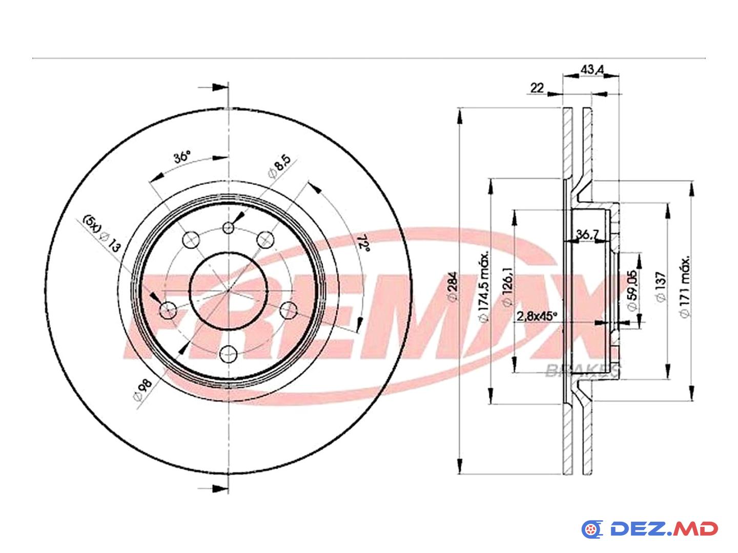 Тормозной диск передний Alfa 156 97-05 284x22 | FREMAX, новый