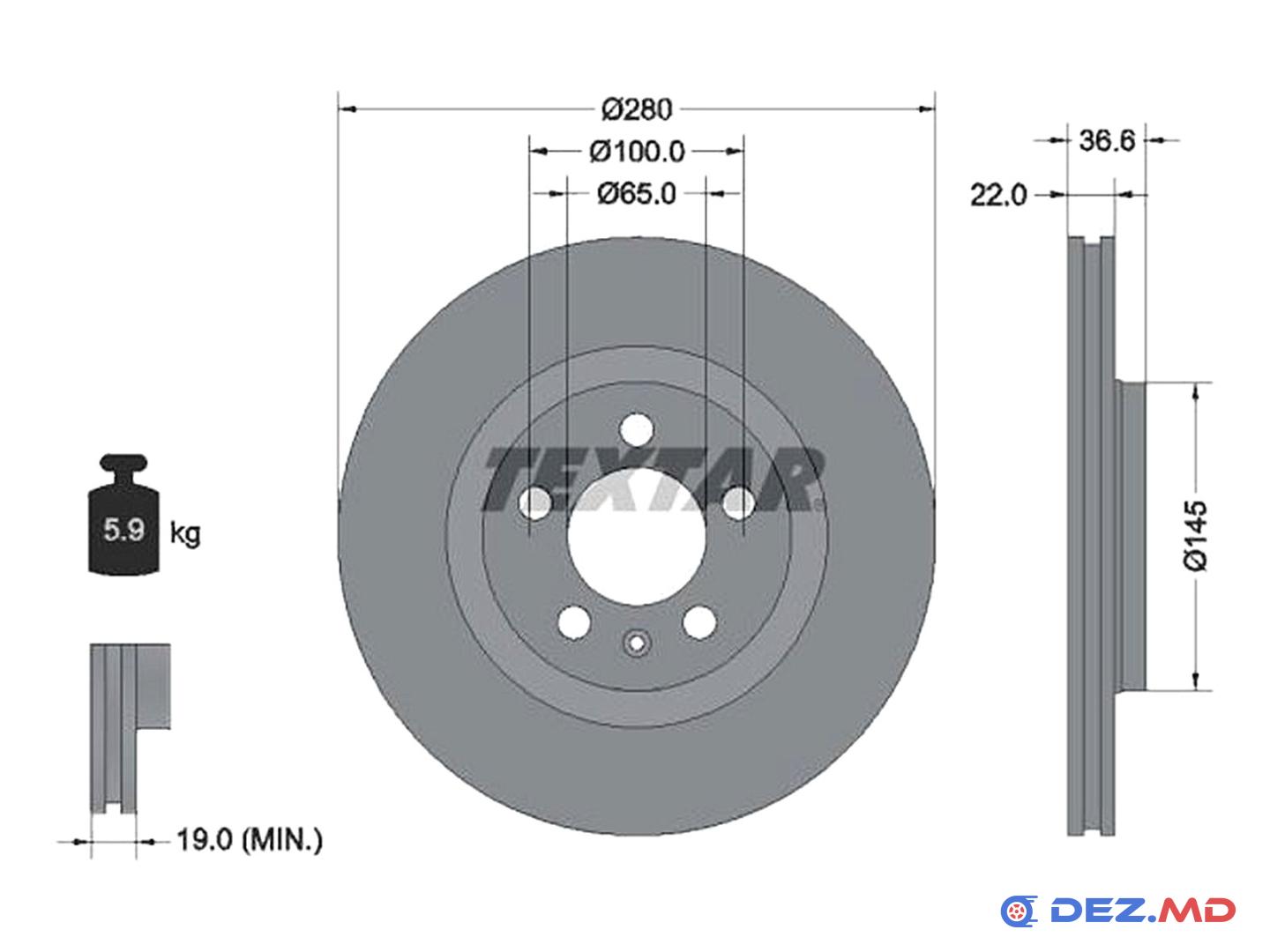 Тормозной диск передний VW Golf IV-V 96-08 Skoda Octavia 96-13 280x22 | TEXTAR, новый
