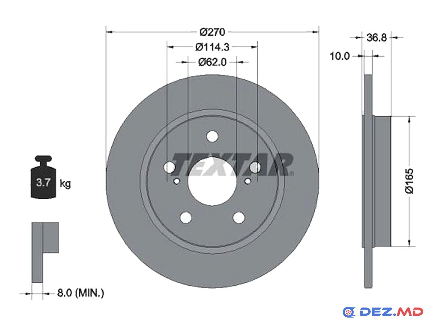 Тормозной диск задний Toyota Auris 07- 270x10 | TEXTAR, новый