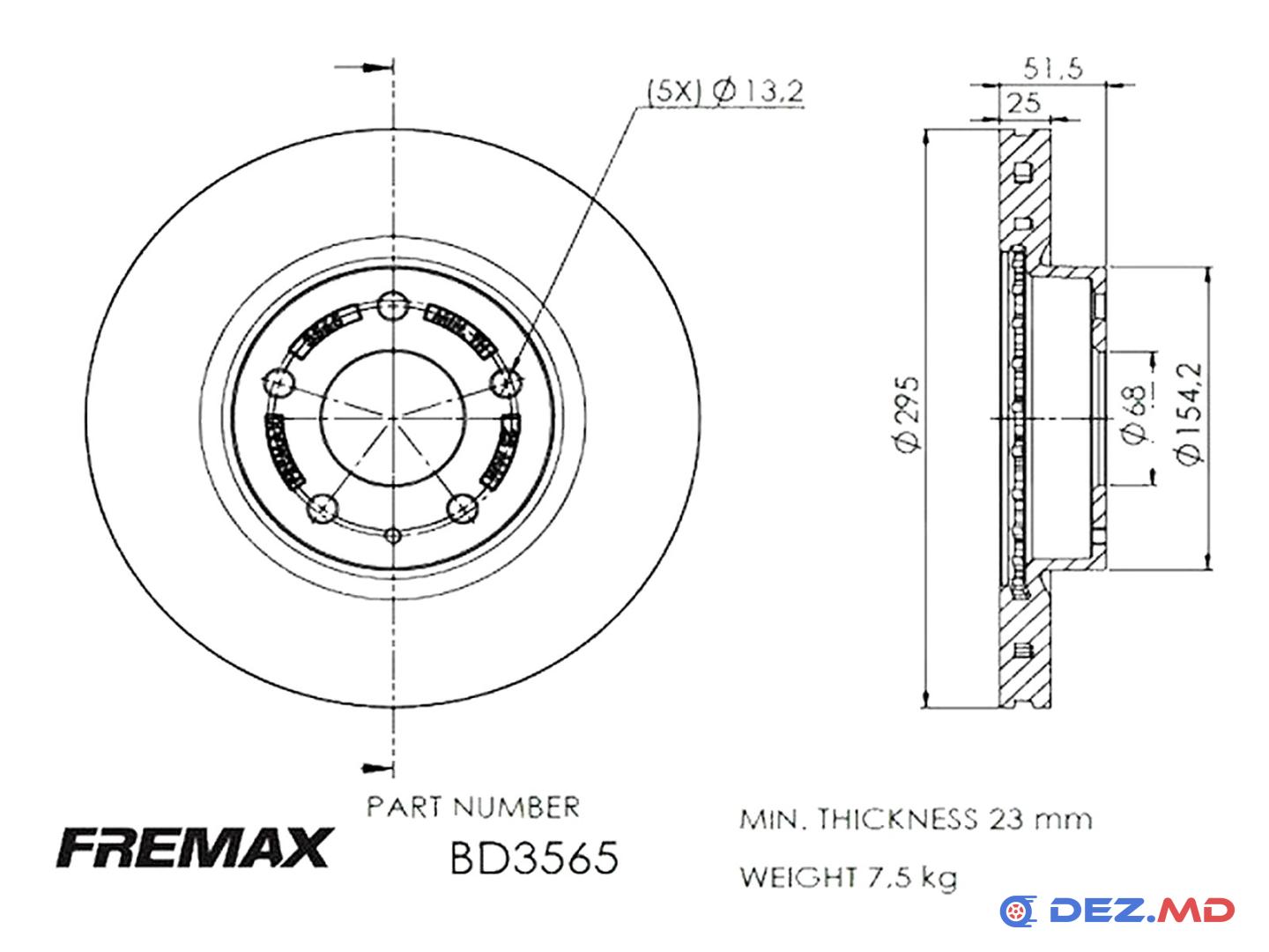 Тормозной диск передний Mazda 3 BM 13- 295x25 Ventil | FREMAX, новый