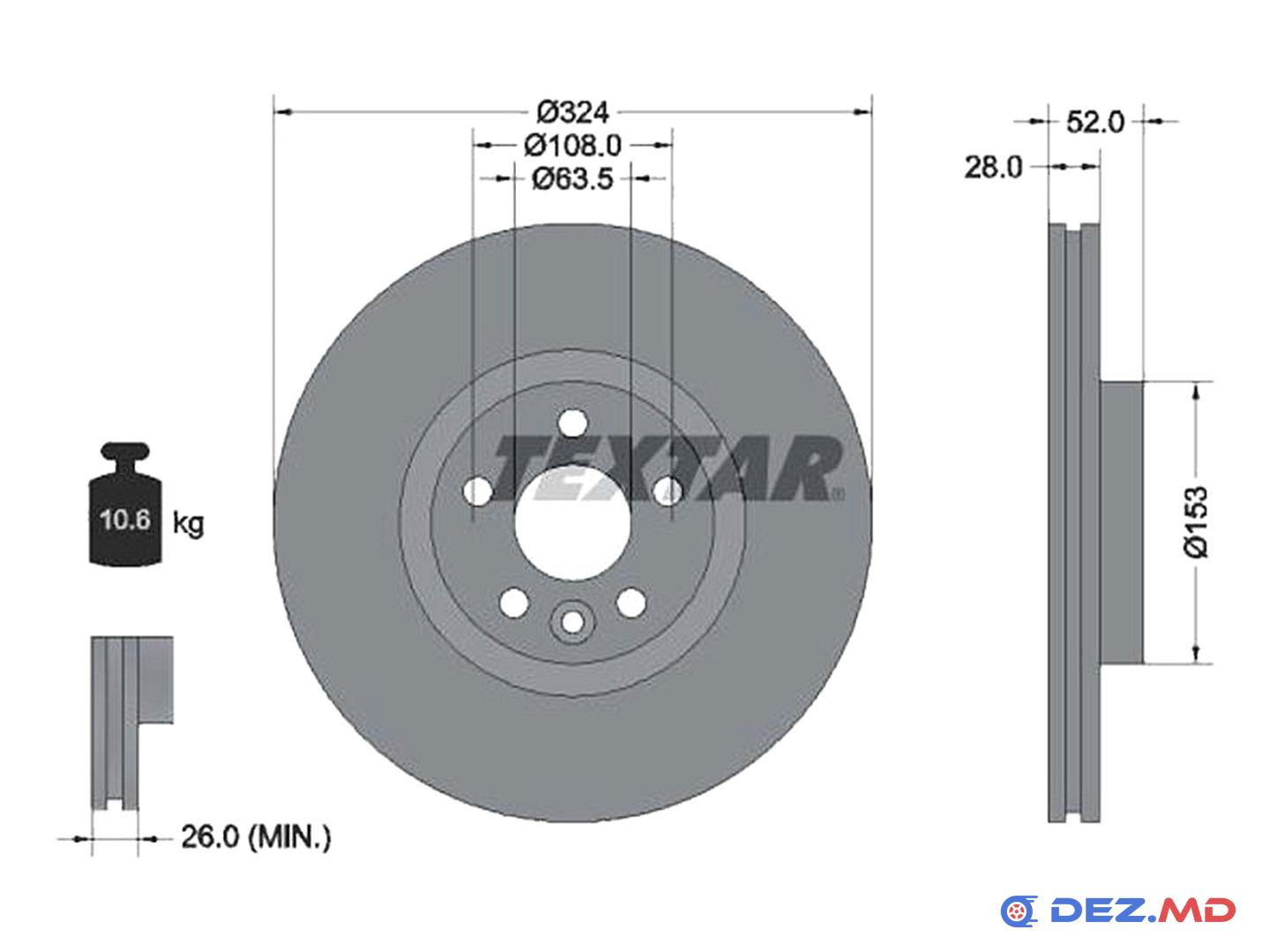 Тормозной диск передний Volvo XC60 13- 324x28 | TEXTAR, новый