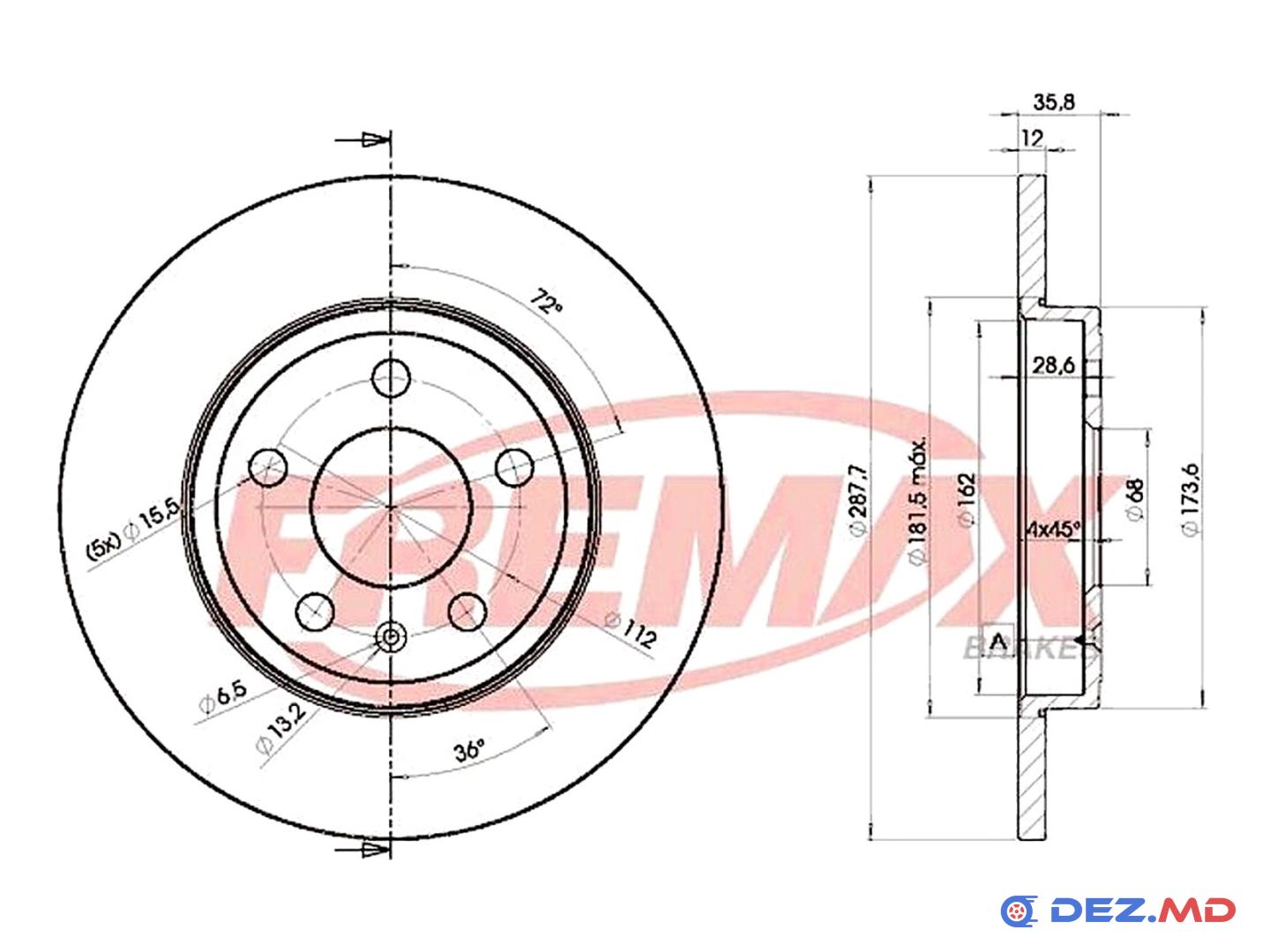 Тормозной диск задний Audi A4 01- 288x12 | FREMAX, новый