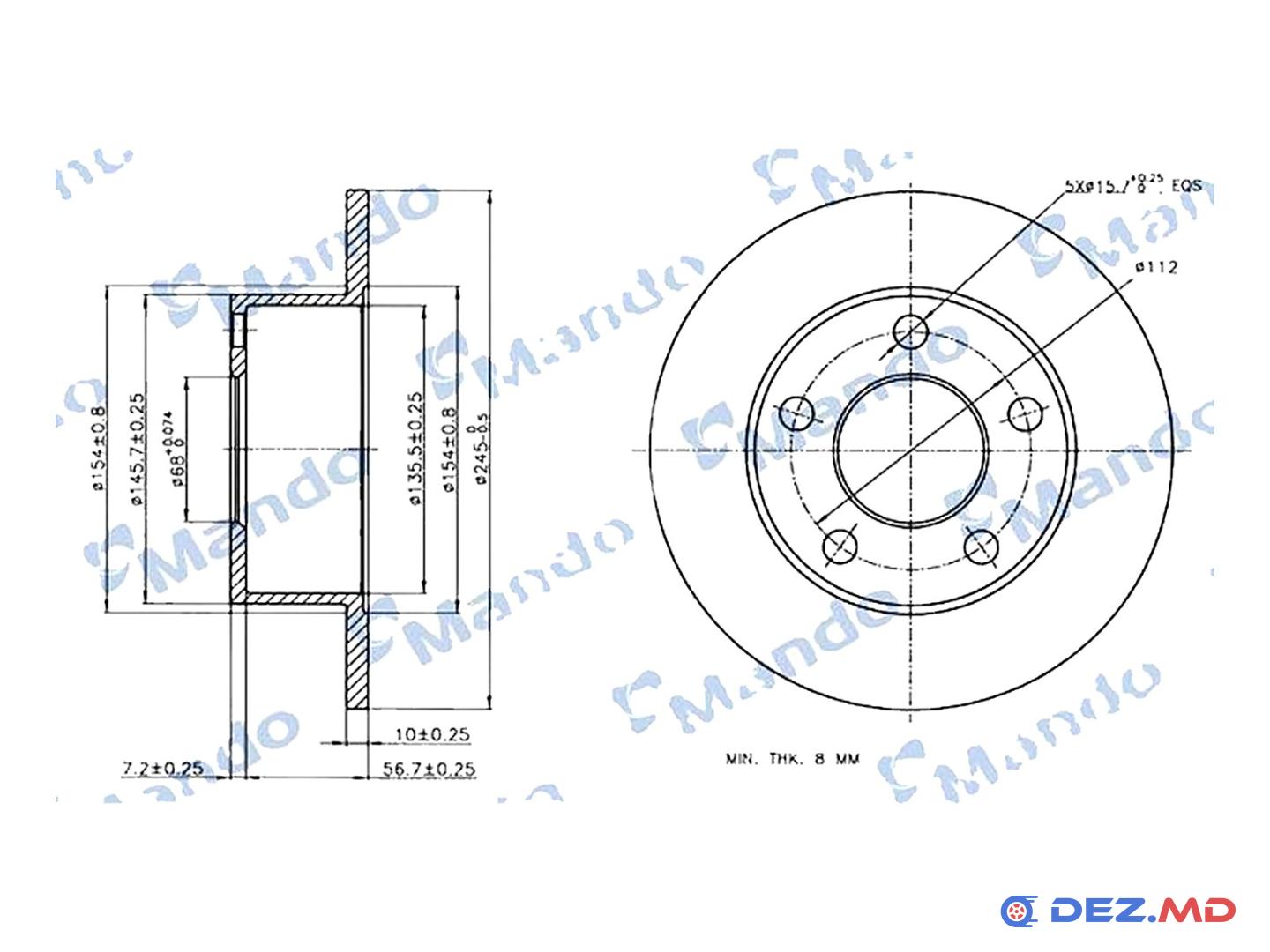 Тормозной диск задний Audi A6 -05, Skoda Superb I -08, VW Passat B5 -05 245x10 | MANDO, новый