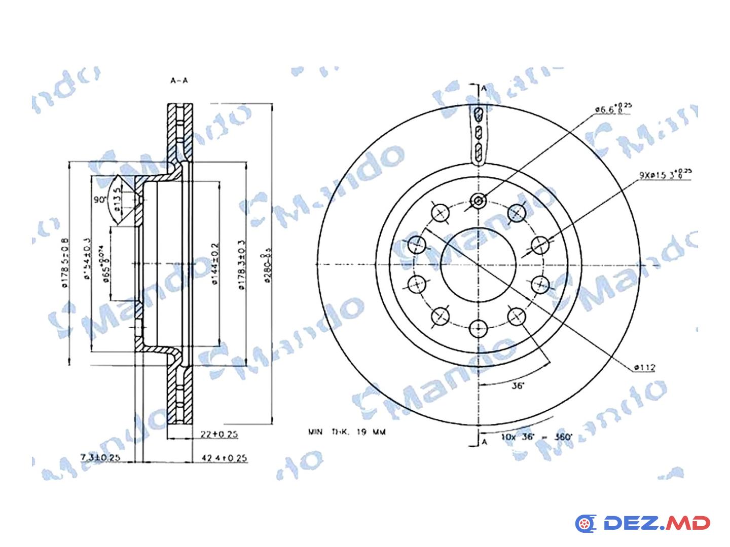Тормозной диск передний VW Golf 03- 280x22 | MANDO, новый