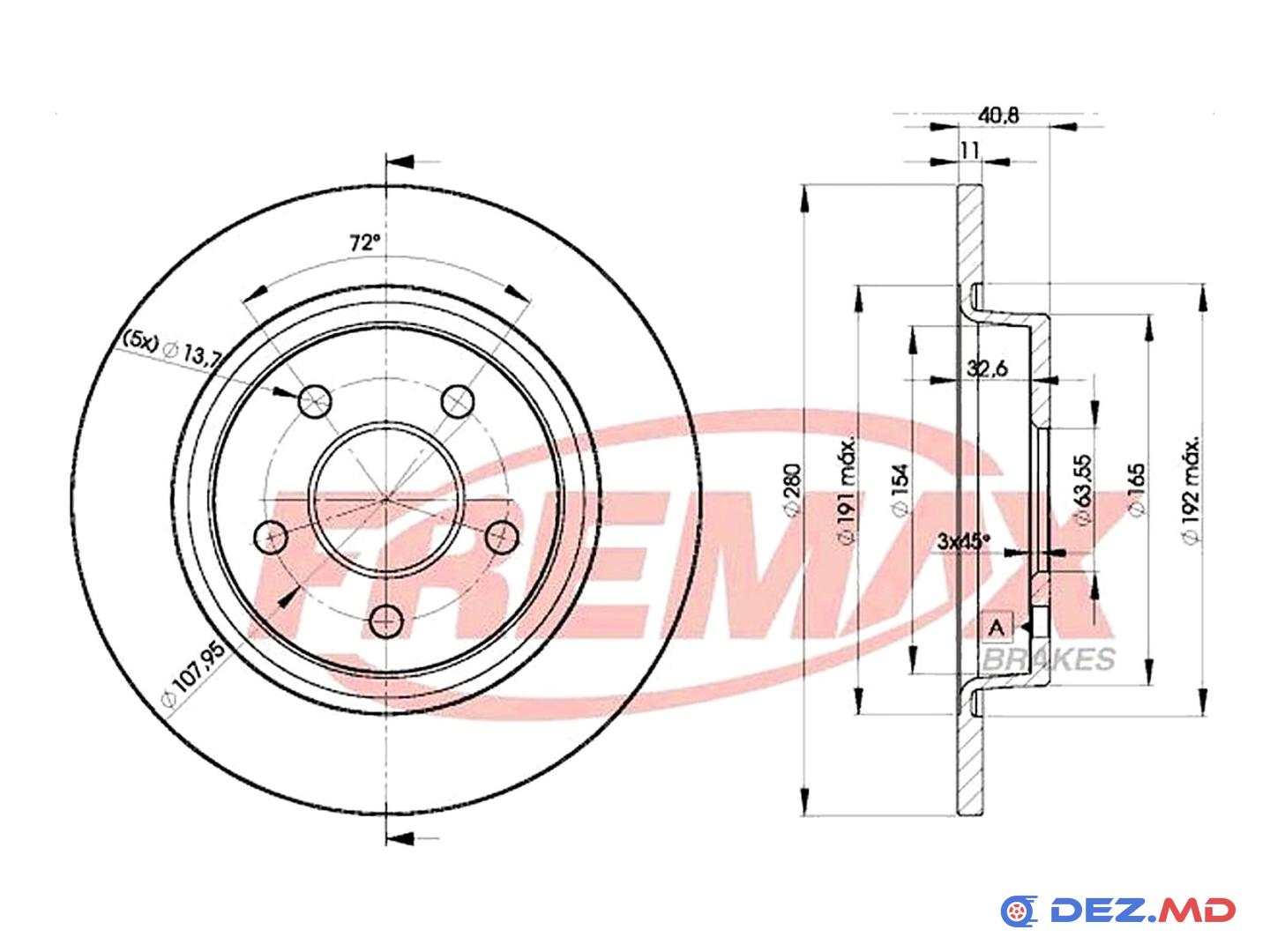 Тормозной диск задний Ford Focus 04- 280x11 | FREMAX, новый