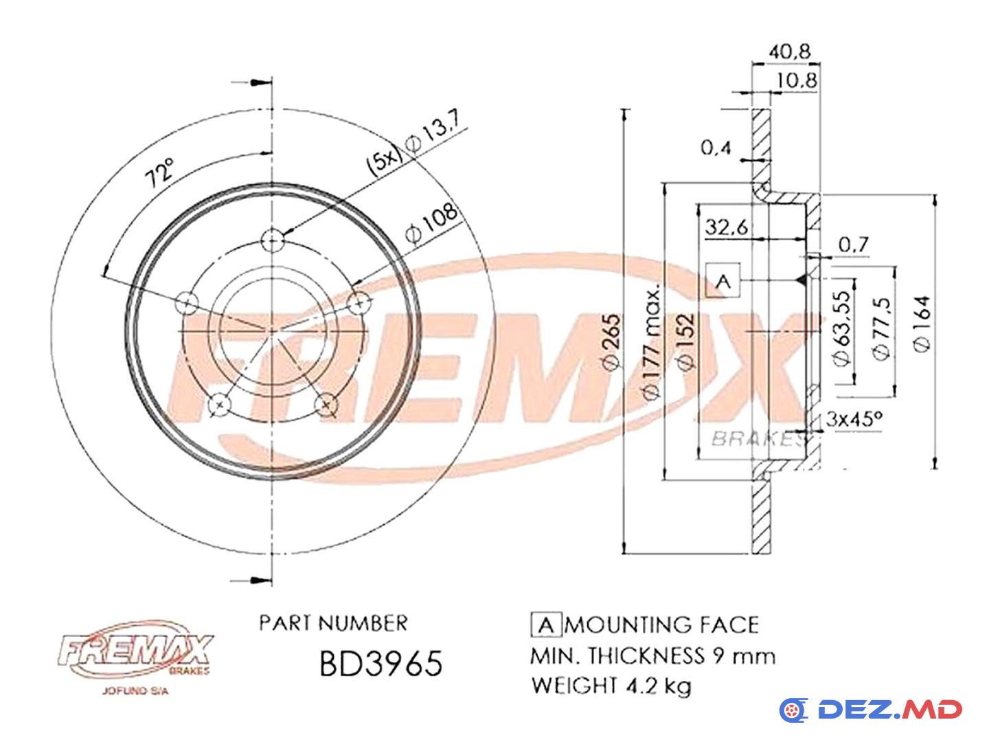 Тормозной диск задний Ford Focus 04- 265x11 | FREMAX, новый