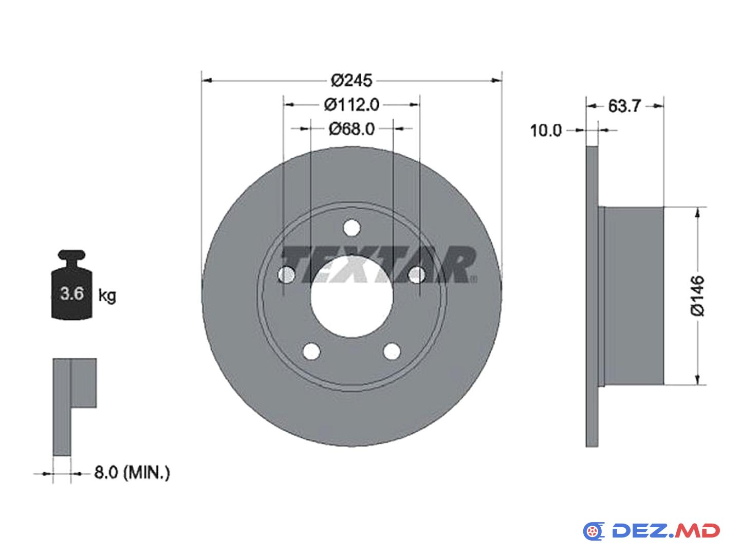Тормозной диск задний Audi A6 -05, Skoda Superb I -08, VW Passat B5 -05 245x10 | TEXTAR, новый