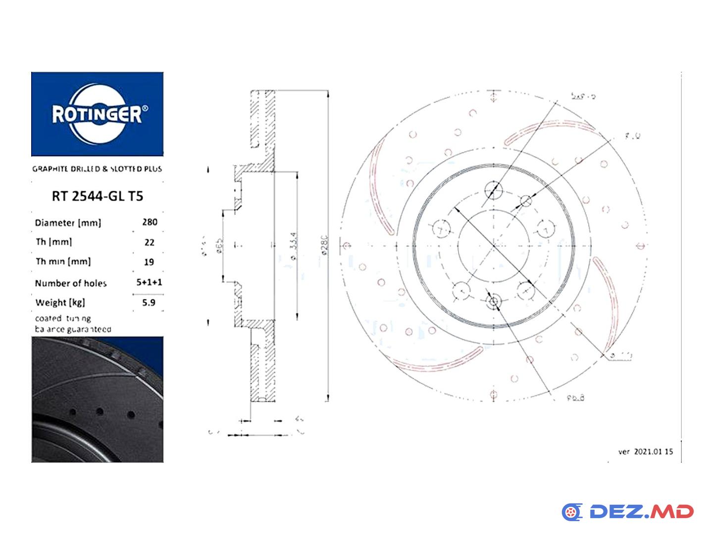 Тормозной диск передний VW Golf IV-V 96-08 Skoda Octavia 96-13 280x22 GRAPHITE LINE TUNING | ROTINGER, новый